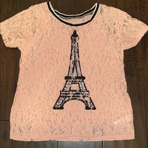 Eiffel Tower baby pink lace shirt.